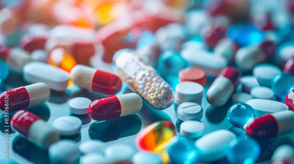 A bunch of pills are scattered on a table, including some that are blue, red A bunch of pills are scattered on a table, including some that are blue, red