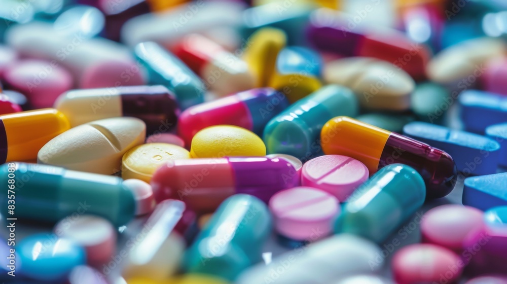 A bunch of colorful pills are scattered on a table A bunch of colorful pills are scattered on a table