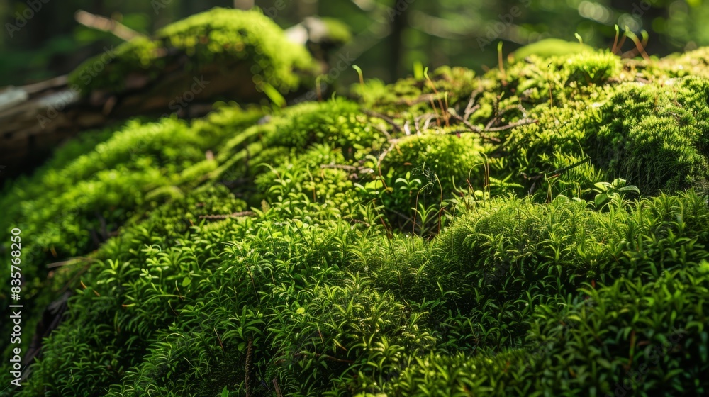 A lush green mossy forest floor with sunlight shining on it A lush green mossy forest floor with sunlight shining on it