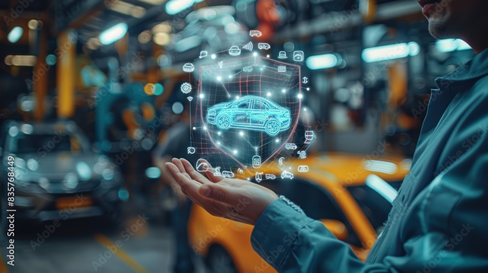 Hand of a mechanic holding a virtual shield with car service icons and checking, the customer service and repair concept. Hand of a mechanic holding a virtual shield with car service icons and checking, the customer service and repair concept.