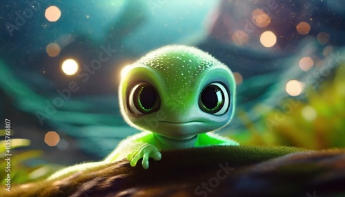 Very cute, adorable alien baby with big eyes in the wonder world of an alien planet