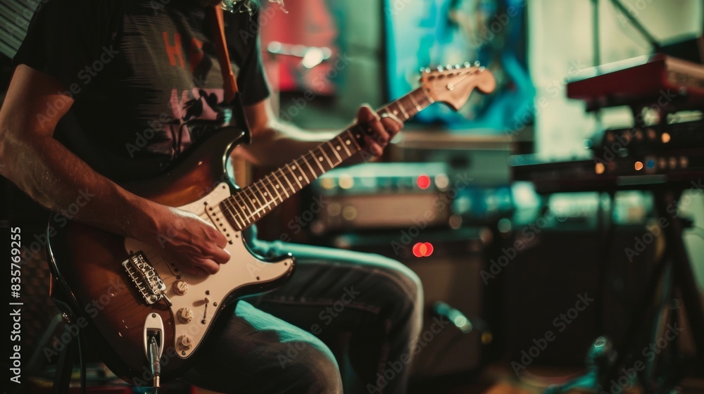 Fototapeta premium A man is playing a guitar in a studio