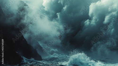 A stormy ocean with a large wave crashing against the rocks