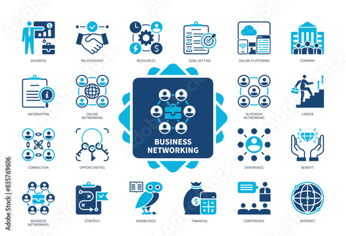 Business Networking icon set. Relationship, Connection, Experience, Conference, Online Platforms, Opportunities, Strategy, Career. Duotone color solid icons