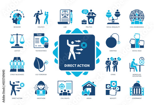 Direct Action icon set. Violence, Hacktivism, Strike, Sabotage, Arson, Eco Terrorism, Tax Resistance, Law. Duotone color solid icons