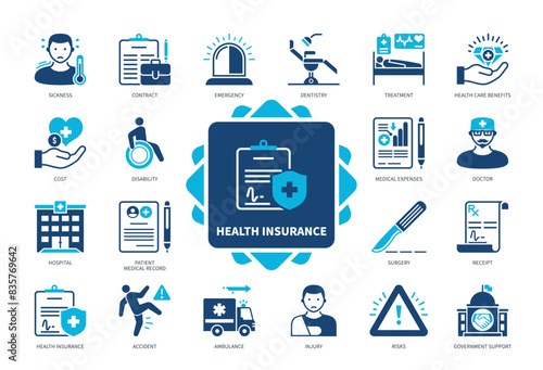 Health Insurance icon set. Sickness, Injury, Dentistry, Hospital, Health Care Benefits, Accident, Doctor, Cost. Duotone color solid icons