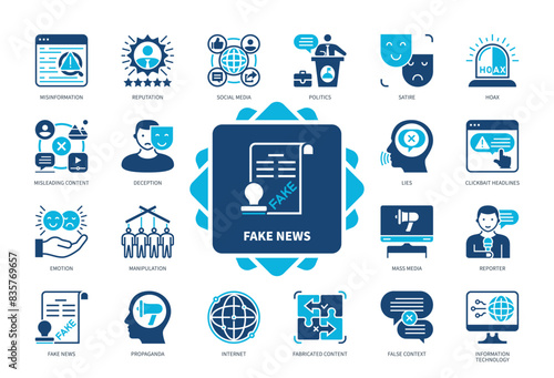 Fake News icon set. Misinformation, Hoax, Misleading Content, Propaganda, Manipulation, Lies, Satire, Social Media. Duotone color solid icons