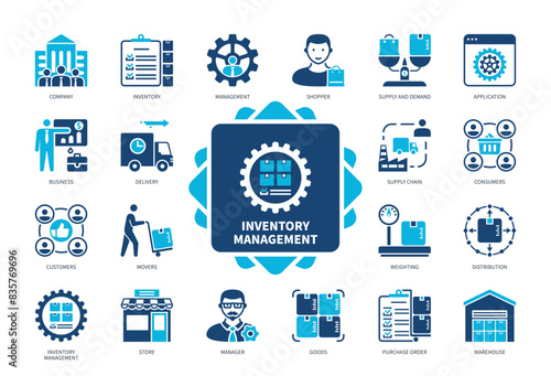 Inventory Management icon set. Company, Application, Distribution, Warehouse, Delivery, Purchase Order, Goods, Shopper. Duotone color solid icons