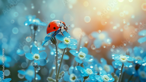 ladybug close-up bokeh. ladybug among white blue chamomile with drops of water  flowers after rain  sunlight  atmosphere of magic and kindness  calm pastel colors