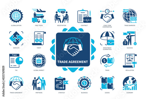 Trade Agreement icon set. Contract, Trade Barriers, regulation, Tax, Tariff, Partners, Globalization, Success. Duotone color solid icons