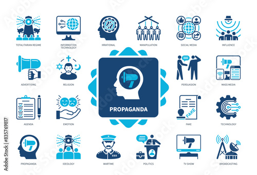 Propaganda icon set. Influence, Irrational, Persuasion, Fake, Guarantee, Agenda, Ideology, Religion. Duotone color solid icons