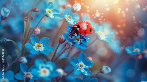 ladybug close-up bokeh. ladybug among white blue chamomile with drops of water  flowers after rain  sunlight  atmosphere of magic and kindness  calm pastel colors
