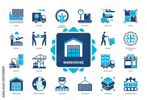 Warehouse icon set. Forklift, Wholesaler, Customs, Packaging, Logistics, Shipping, Manufacturing, Goods. Duotone color solid icons