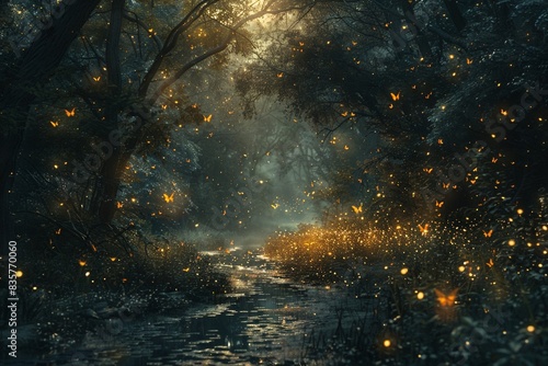 A swarm of fireflies illuminating a dark forest