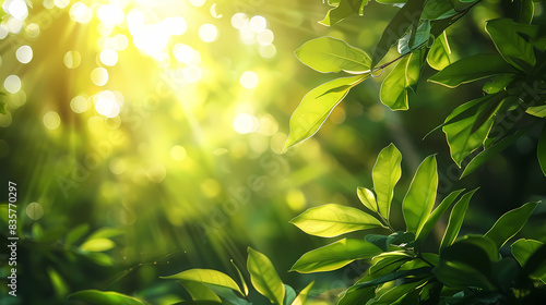 A lush green forest with sunlight filtering through the leaves  sharp focus.