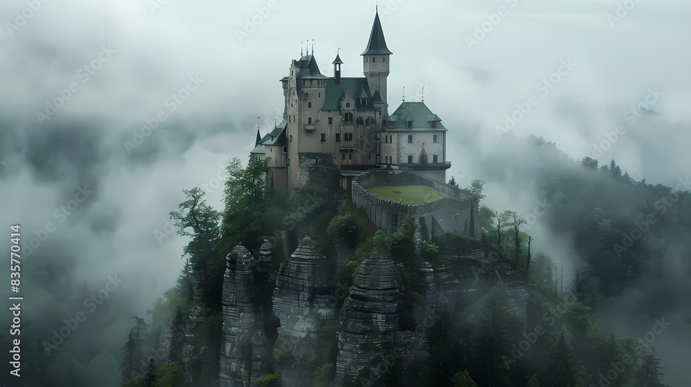 Medieval castle on a hilltop surrounded by mist. Ancient castle.