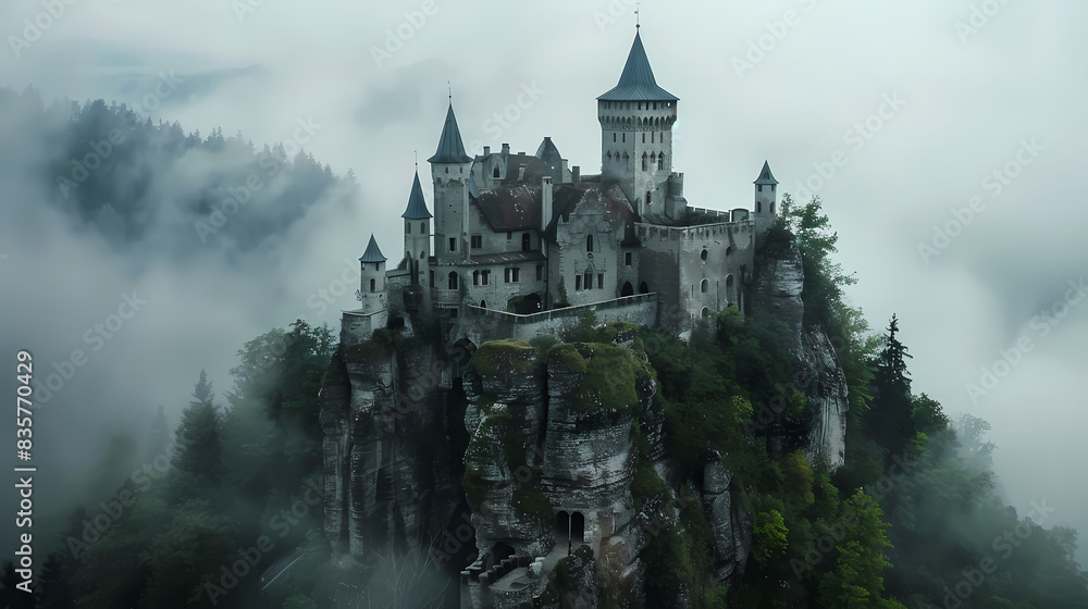 Medieval castle on a hilltop surrounded by mist. Ancient castle.