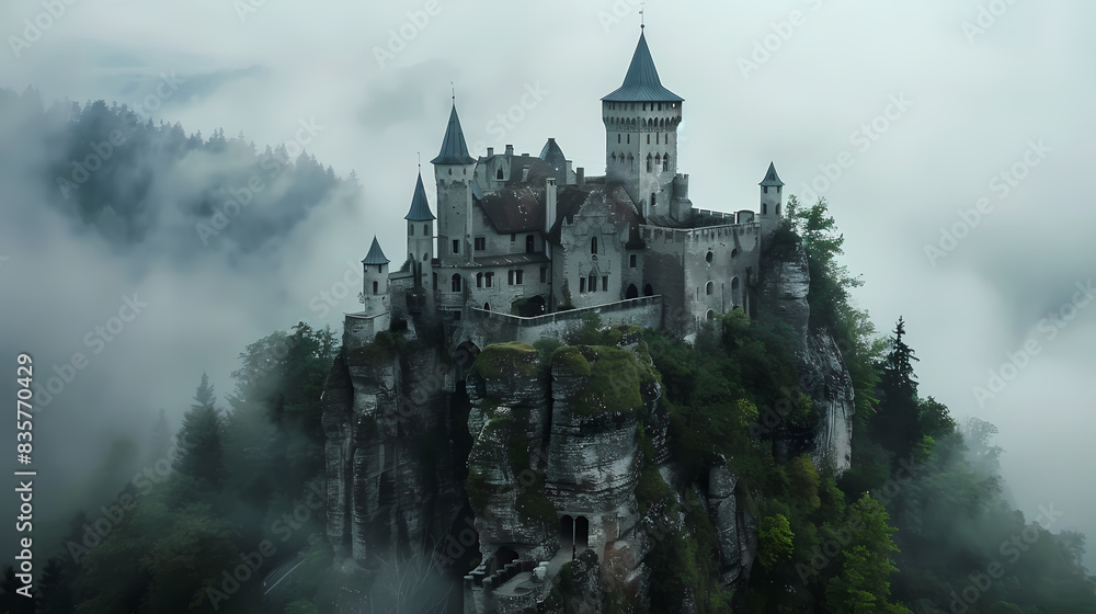 Medieval castle on a hilltop surrounded by mist. Ancient castle. Medieval castle on a hilltop surrounded by mist. Ancient castle.