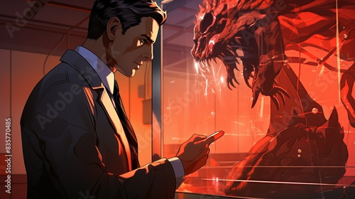 In a state-of-the-art medical facility, the businessman examines a wounded demon in a containment field, studying its anatomy for vulnerabilities. Painting Illustration style, Minimal and Simple, photo