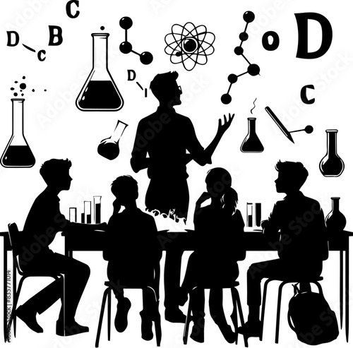 science and chemistry,lesson at school, silhouettes of teacher and students in class