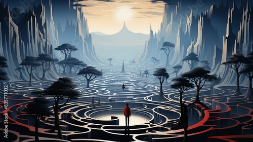In a sprawling, ancient labyrinth, the businessman methodically maps his path, avoiding traps set by cunning demons. Painting Illustration style, Minimal and Simple, photo