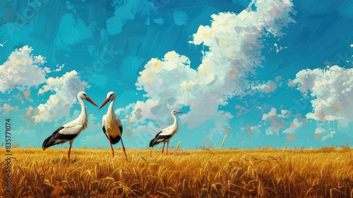 White storks in a harvested field under a blue sky photo