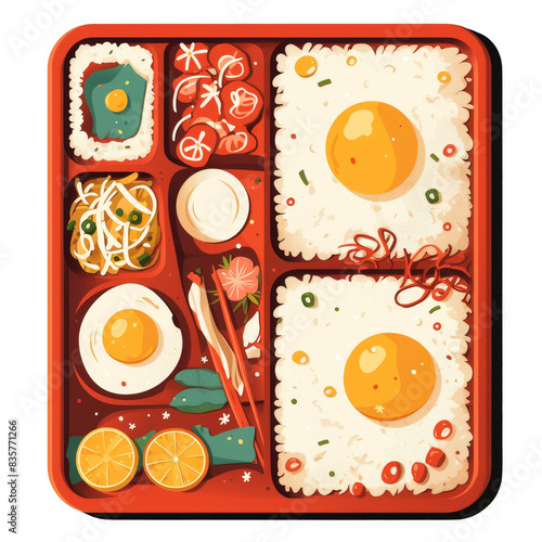 Colorful bento box with fried eggs, rice, vegetables, and lemon slices, delicately presented in a divided container. photo