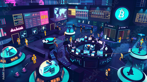 Fototapeta Naklejka Na Ścianę i Meble -  A futuristic room with a large screen showing a Bitcoin symbol