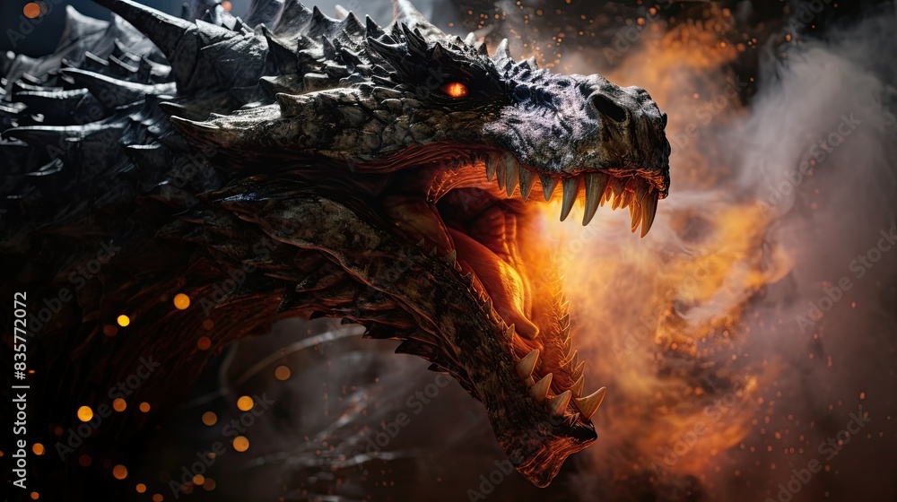 Naklejka premium Photograph of a dragon breathing fire in a watercolor style, creating a soft, dreamlike image of the mythical creature