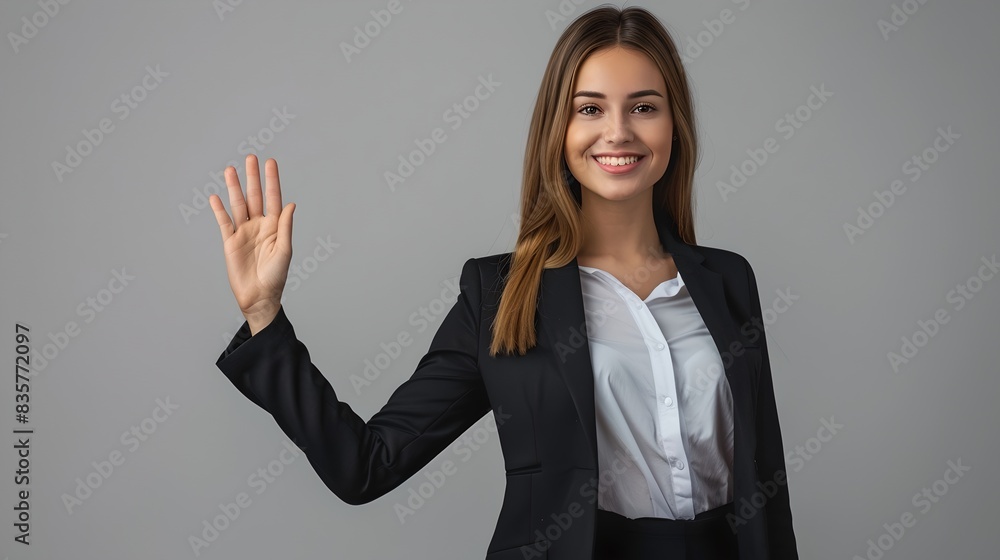 Young professional woman in a business suit waving. Business style photograph for corporate and professional use. Smiling and confident gesture. Greeting and welcome concept. AI Young professional woman in a business suit waving. Business style photograph for corporate and professional use. Smiling and confident gesture. Greeting and welcome concept. AI