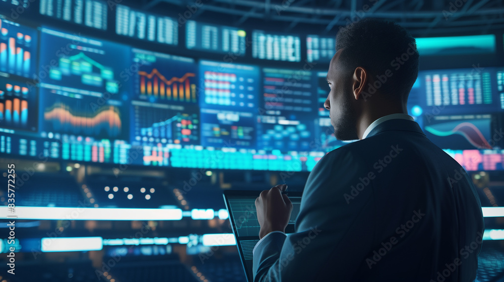 A man is looking at a computer screen with many numbers and graphs A man is looking at a computer screen with many numbers and graphs