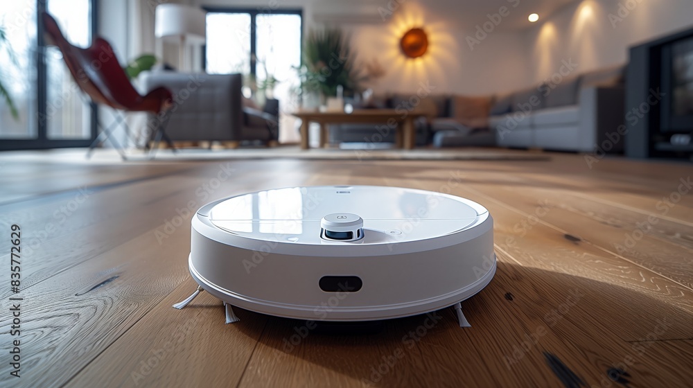 A white robot is diligently cleaning the floor in a living room with precision and efficiency. A white robot is diligently cleaning the floor in a living room with precision and efficiency.