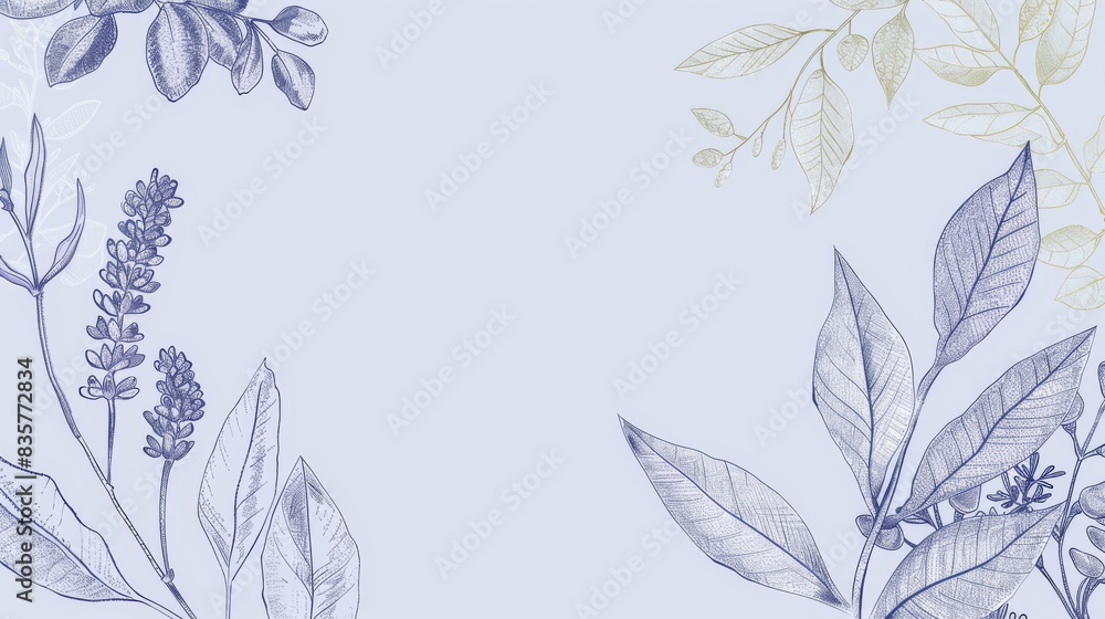 Lavender floral, luxury botanical on light blue background vector, empty space in the middle to leave room for text or logo, gold line wallpaper, leaves, flower, foliage, hand drawn Lavender floral, luxury botanical on light blue background vector, empty space in the middle to leave room for text or logo, gold line wallpaper, leaves, flower, foliage, hand drawn