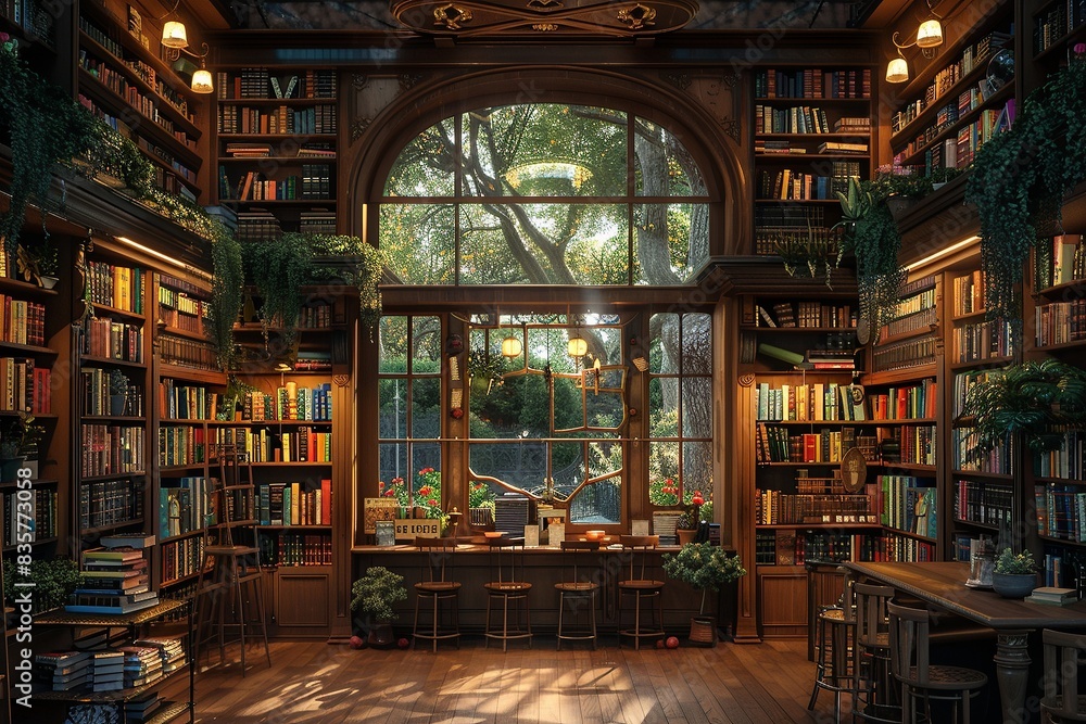 Obraz premium Cozy vintage library with wooden bookshelves, lush green plants, large arched window, and serene sunlight creating a peaceful reading nook in a classic literary ambiancelibrary