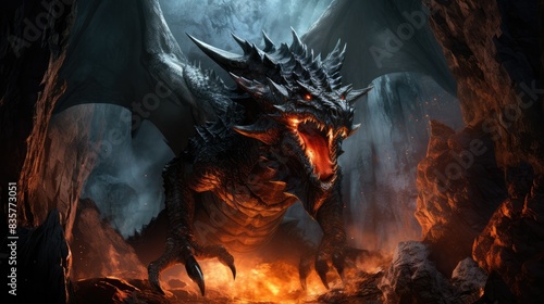 Photograph of a fearsome black dragon emerging from a volcanic cave, its fiery breath melting the rocks around it 