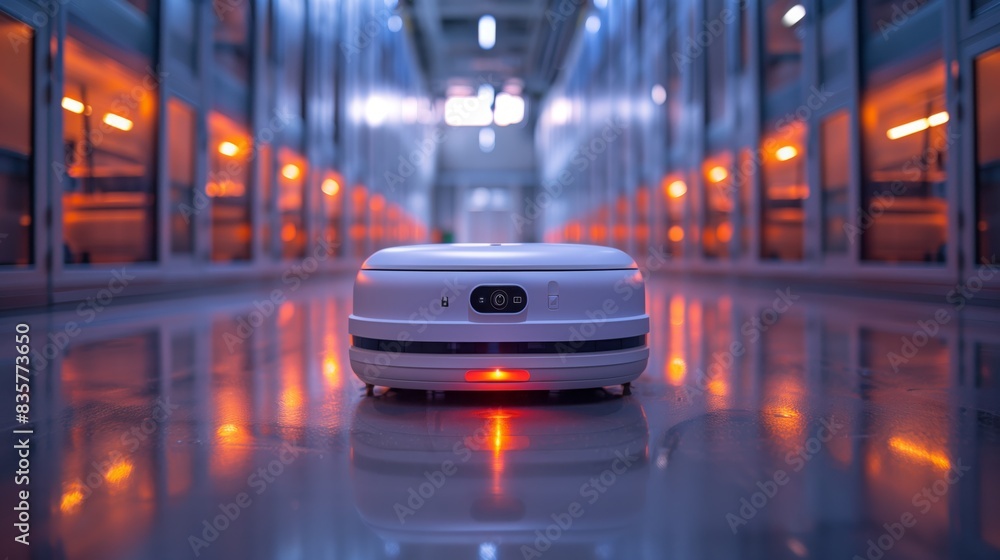 A small robot is seen walking down a dimly lit hallway in a warehouse, showcasing its autonomous navigation capabilities.