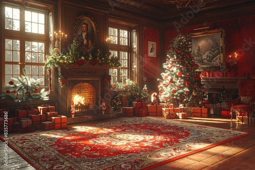 Elegant Vintage Living Room Decorated for Christmas with Glowing Fireplace, Lavish Christmas Tree, and Wrapped GiftsChristmas