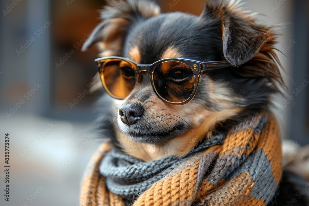 Stylish Dog in Sunglasses, Dog wearing sunglasses and scarf, Trendy Pet Stylish Dog in Sunglasses, Dog wearing sunglasses and scarf, Trendy Pet