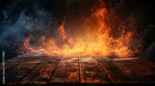 A wooden table's edge on fire, with sparks and smoke rising, against a dark background, ideal for showcasing products in a dramatic setting