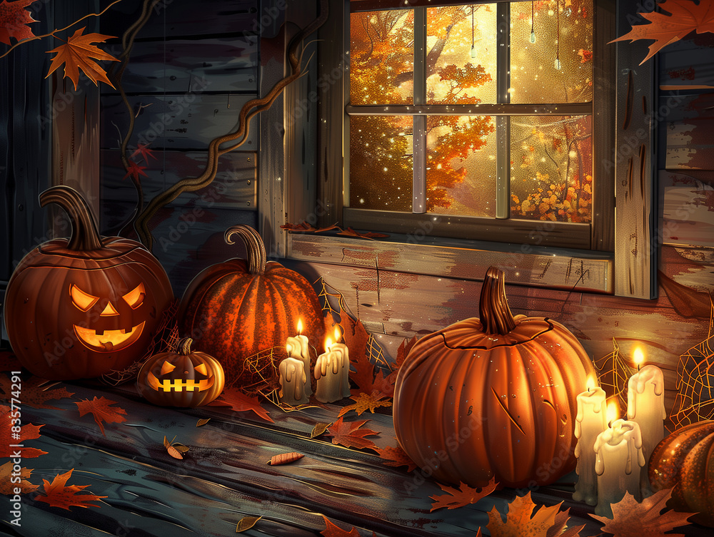 Obraz premium Hintergrund mit Halloween-Kürbissen, Kerzen und Herbstblättern auf der Veranda eines Hauses.