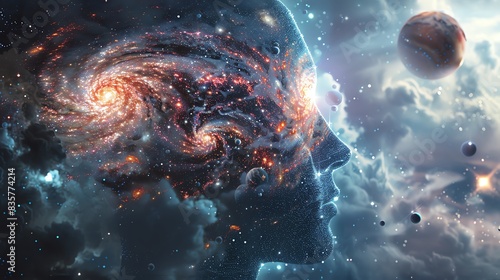 A surreal digital artwork illustrating a human head merging with a cosmic galaxy, symbolizing the vastness of the universe and human imagination.
