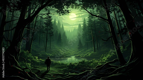 The businessman in a dense, dark forest at midnight, using night-vision goggles to spot demonic entities moving through the trees. Painting Illustration style, Minimal and Simple, photo