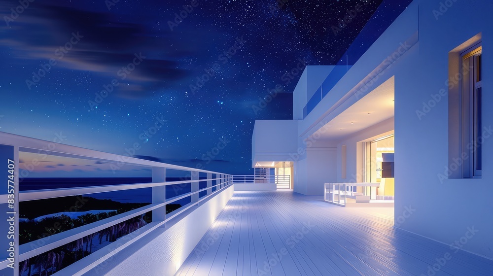 Nighttime view of a white mansiona??s modern balcony, with minimalistic railings and ambient outdoor lighting under starry skies. Nighttime view of a white mansiona??s modern balcony, with minimalistic railings and ambient outdoor lighting under starry skies.