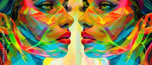 Vibrant abstract art depicting two mirrored faces in vivid, multicolored geometric patterns, showcasing dynamic creativity and expressive design. © pprothien