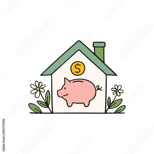 Illustration of house investment, piggy bank and house