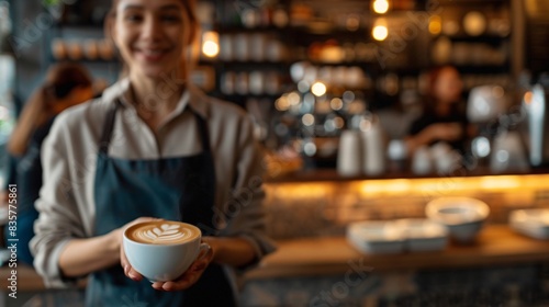 A cheerful barista in a trendy coffee shop, preparing a latte with beautiful latte art. The background shows a well-designed cafe interior with customers enjoying their drinks and chatting,