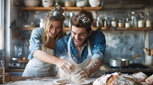 With flour-dusted hands and mischievous grins, a young couple playfully engages in a friendly flour fight while baking homemade bread in their cozy kitchen. Their lighthearted antics and shared photo