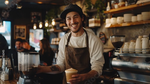 A happy barista in a fashionable coffee shop, skillfully making a latte with artistic latte art. The well-designed cafe interior and content patrons in the background contribute to the cozy and photo
