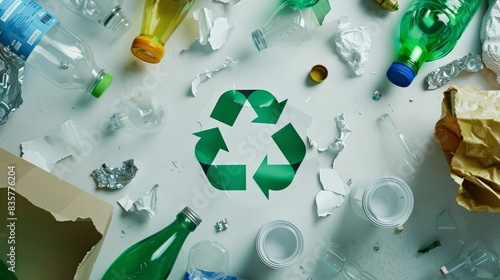 Green recycle icon near plastic, paper, glass waste on white background top-down.