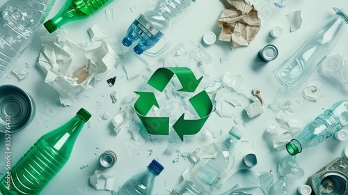 Green recycle icon near plastic, paper, glass waste on white background top-down.